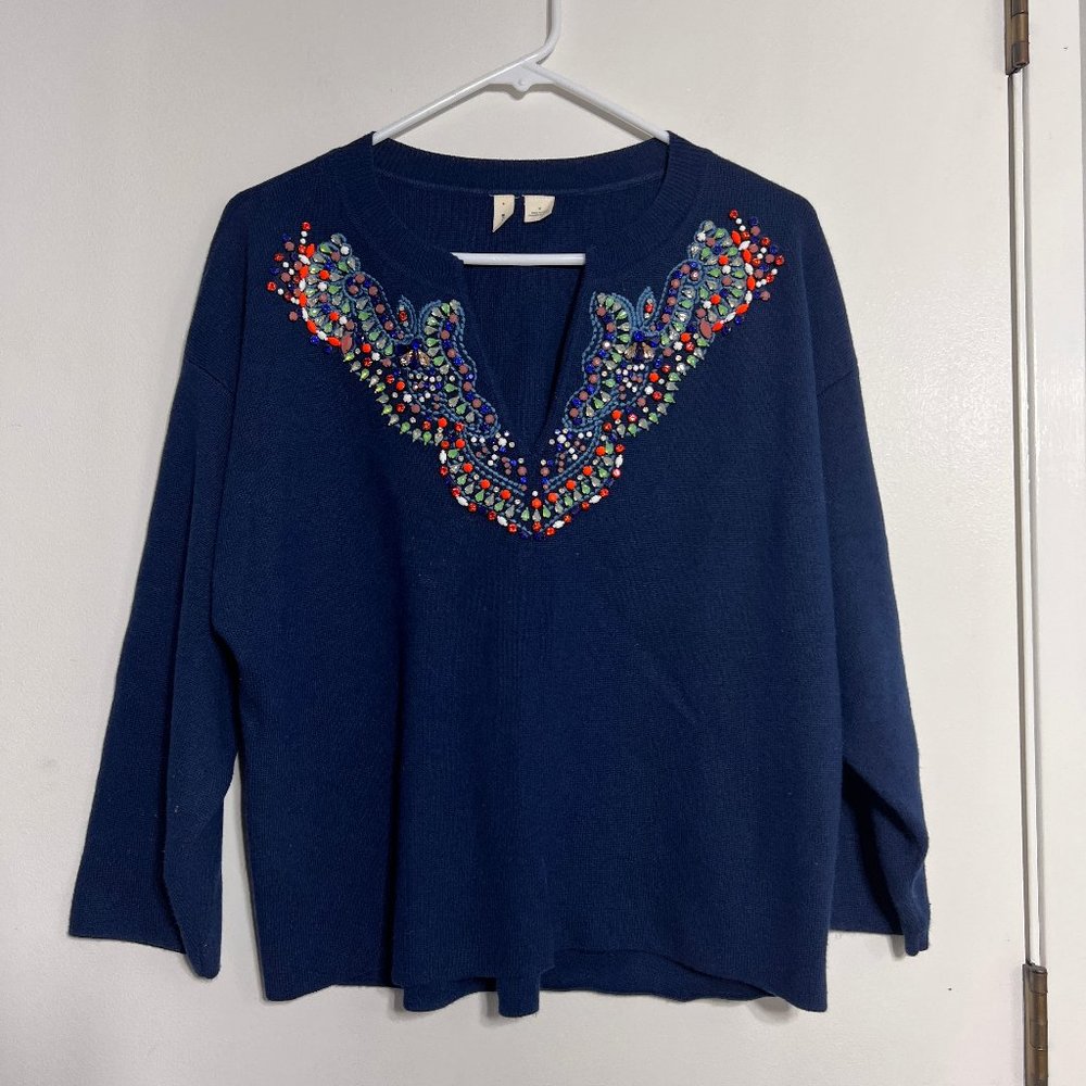 Anthropologie Moth V-Neck Navy Jewel Embellished Sweater Women's Size Medium